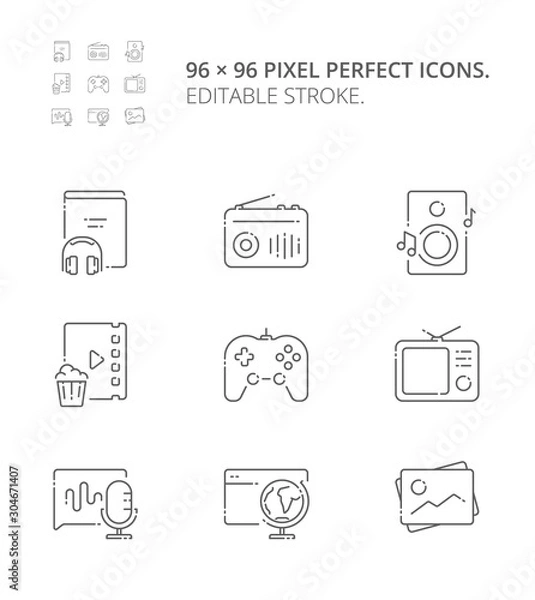 Fototapeta Digital media content categories. Modern vector thin line flat design icons and pictograms set. Audio book, radio, music, movie, TV, podcast, games, e-learning, online courses, photo gallery  
