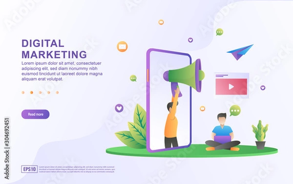 Fototapeta Digital marketing illustration concept. Business analysis, content strategy, refer a friend and management concept. Suitable for web landing page, marketing material, mobile app, web banner.