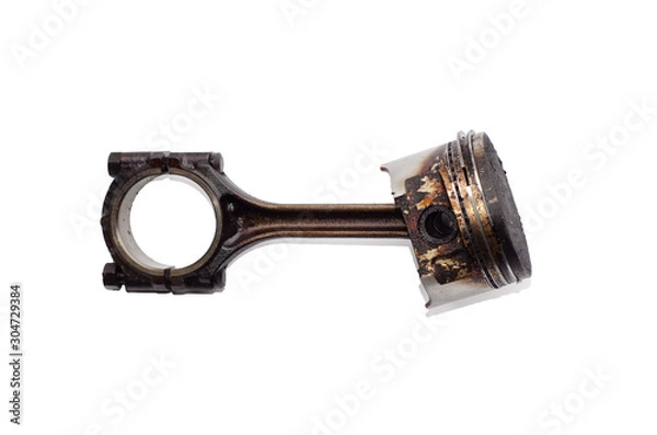 Obraz Piston with carbon deposits and connecting rod isolated on white