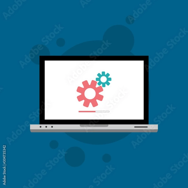 Fototapeta Laptop and gear icon isolated on colored background. Laptop service concept. Adjusting, service, setting, maintenance, repair, fixing. Logo design template element. Vector Illustration