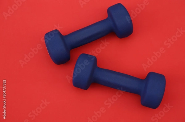 Fototapeta blue dumbbells isolated on a red background. The concept of fitness, gym and healthy lifestyle. Top view. Flat lay. Copy space. Background, pattern, banner..