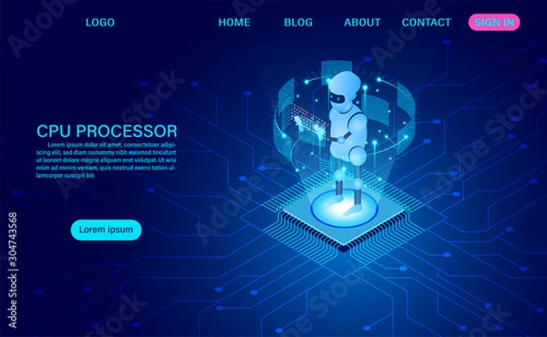 Fototapeta artificial intelligence robot technology. big data processing, CPU processor isometric banner. isometric vector dark neon