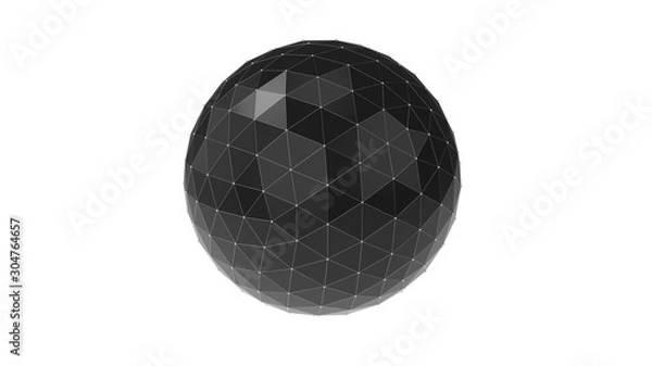 Fototapeta Polygonal black metallic paint sphere with thin wireframe. Isolated on white background. 3d render
