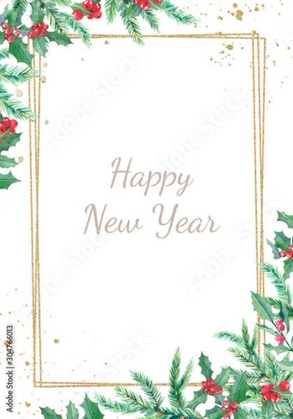 Fototapeta Watercolor Christmas banner with winter branches and red berries.  Design happy New Year illustration for greeting cards, frames, invitations templates.
