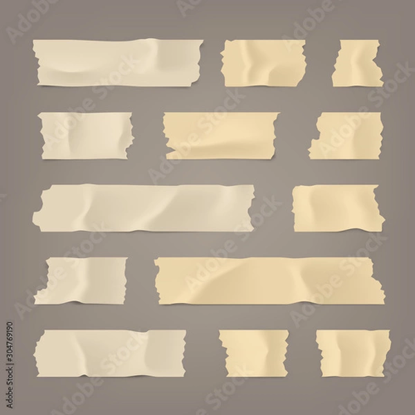 Fototapeta Realistic adhesive tape set. Sticky scotch, duct paper strips on brown background. Vector illustration.