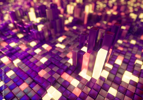 Fototapeta Abstract Geometric Pattern Background with Purple, Pink and Yellow Glowing Blocks Reminding Futuristic City