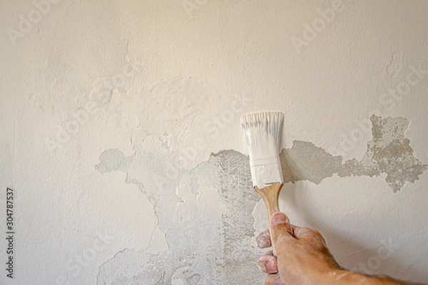 Obraz Hand with a brush in white paint on a white wall background with peeling paint - repair and painting the walls
