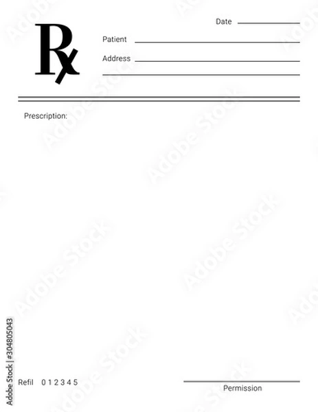 Obraz Pusty formularz Rx zawierający receptę na leczenie i listę leków.