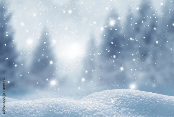 Fototapeta Winter  background .Merry Christmas and happy New Year greeting card with copy-space. Christmas landscape with snow and fir tree