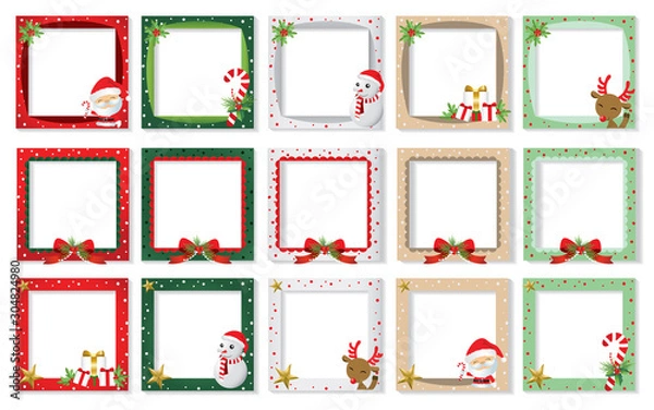Fototapeta Set of Christmas photo frame vector Cartoon Design, Cute Christmas border design decoration with Santa Claus. 