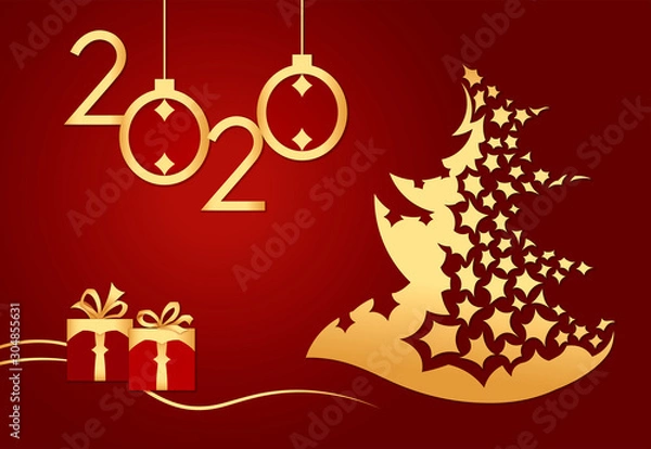 Obraz Happy New Year 2020. Red background, gold new year tree, 2020 number, gift boxes. 