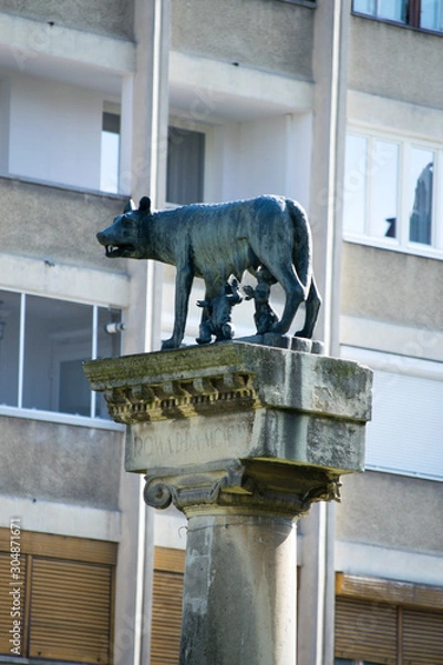 Fototapeta Victory Square with wolf Romulus and Remus statue built in 1926 in the largest city in western Romania