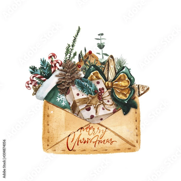 Obraz Bright watercolor Merry Christmas card with elements of a Christmas mood and traditional decor. Handdrawn illustration with lettering. Envelope with gifts.