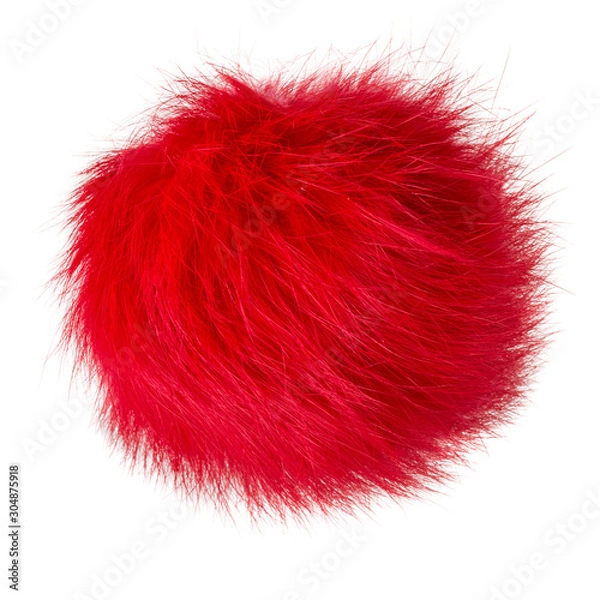 Fototapeta Close up of red rabbit fur pompom isolated on white background. Red fur.