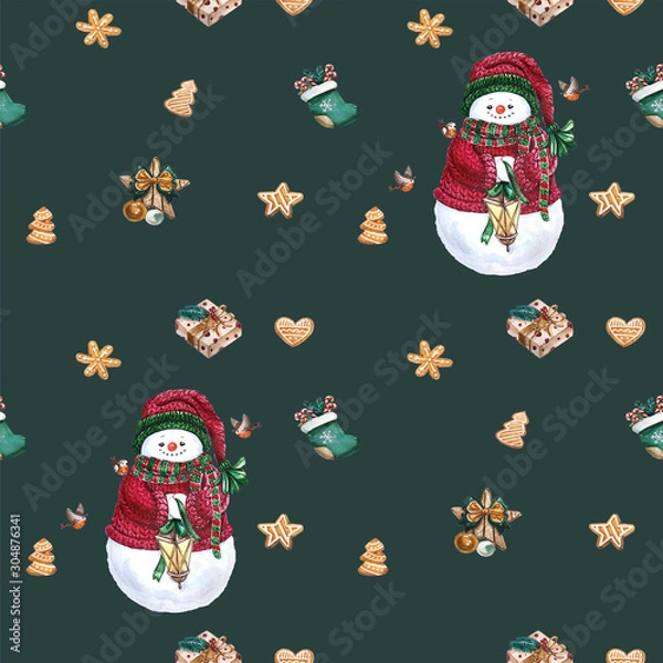 Fototapeta Christmas socks, gingerbread cookies, christmas tree branches,snowman, cinnamon, candy cane, lantern. Seamless pattern. Watercolor hand drawn background.