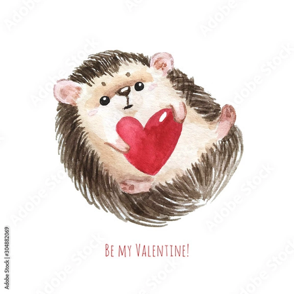 Obraz Holiday card with hedgehog, red heart and text I love you for St. Valentine day. White background with cute watercolor cartoon character. - Illustration