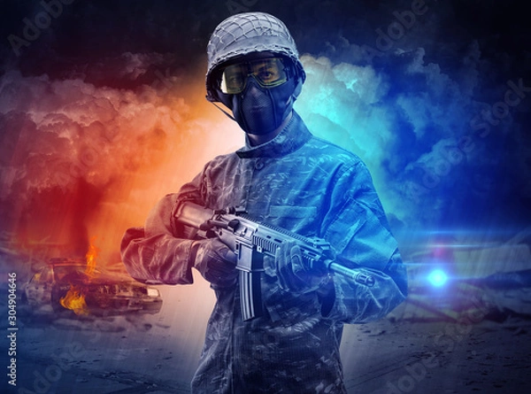 Fototapeta Armed soldier with sniper in the middle of a dust storm