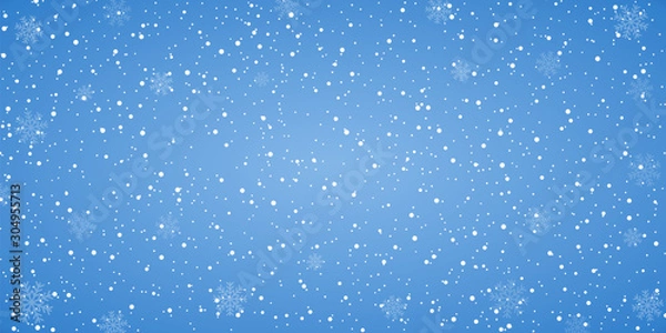 Obraz Snow blue background. Christmas snowy winter design. White falling snowflakes, abstract landscape. Cold weather effect. Magic nature fantasy snowfall texture decoration Vector illustration