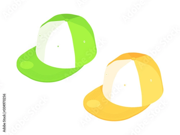 Obraz Green and yellow baseball caps. Vector isometric cap icon isolated on white background