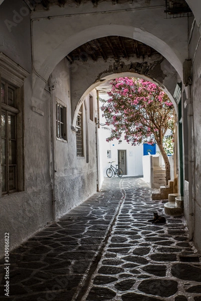 Fototapeta Traditional small alleys at Parikia the port of Paros island, in Cyclades, Greece