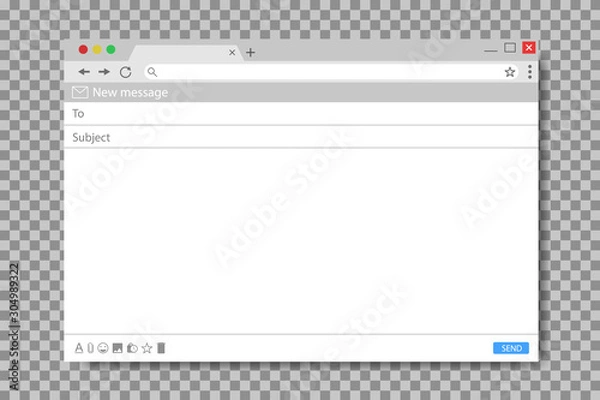 Fototapeta Szablon wiadomości e-mail. Makieta puste okno ekranu poczty. Interfejs przeglądarki z formularzem wysyłania skrzynki pocztowej. Płaska strona e-mail dla wiadomości. Pusty projekt interfejsu użytkownika. Interfejs ramki dla serwisu WWW. wektor