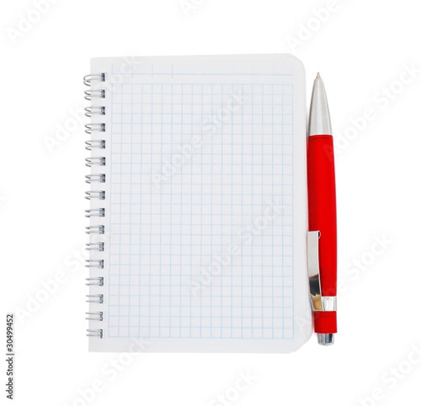Fototapeta Paper notebook with red pen isolated on white background