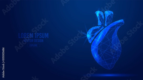 Fototapeta Heart human organ geometric lines, low polygon triangles style wireframe vector banner template. Isolated medicine science technology concept on a blue background.