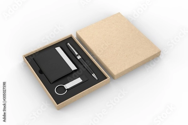 Fototapeta Visiting card holder, key chain and pen gift set box, 3d render illustration.