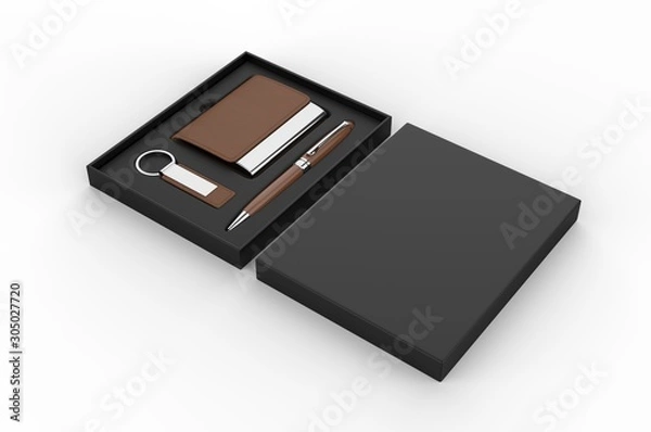 Fototapeta Visiting card holder, key chain and pen gift set box, 3d render illustration.