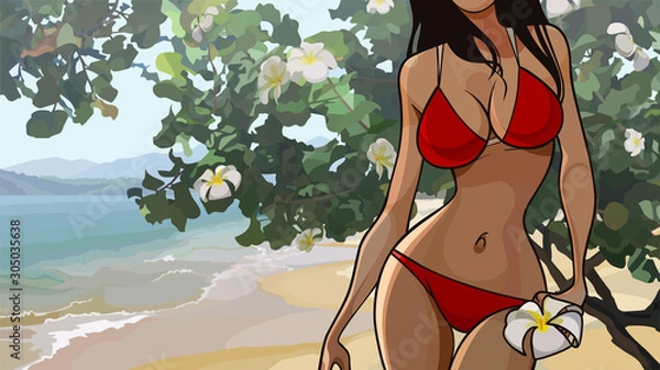 Fototapeta cartoon figure of a woman in a swimsuit on the background of the tropics