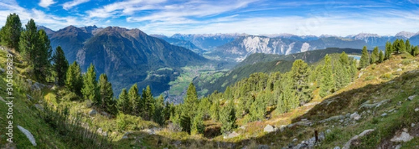 Fototapeta Mountain river and trees landscape. Kaunertaler Gletscher natural environment. Hiking in the alps, Kaunertal, Tirol, Austria, Europe.