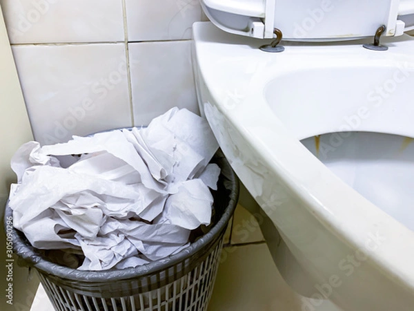 Fototapeta Overflowing trash can, dustbin full of used toilet paper near the toilet bowl in a public restroom