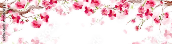 Obraz Blooming sakura japan cherry branch with pink flowers. Panorama sakura card design. Isolated on white background.