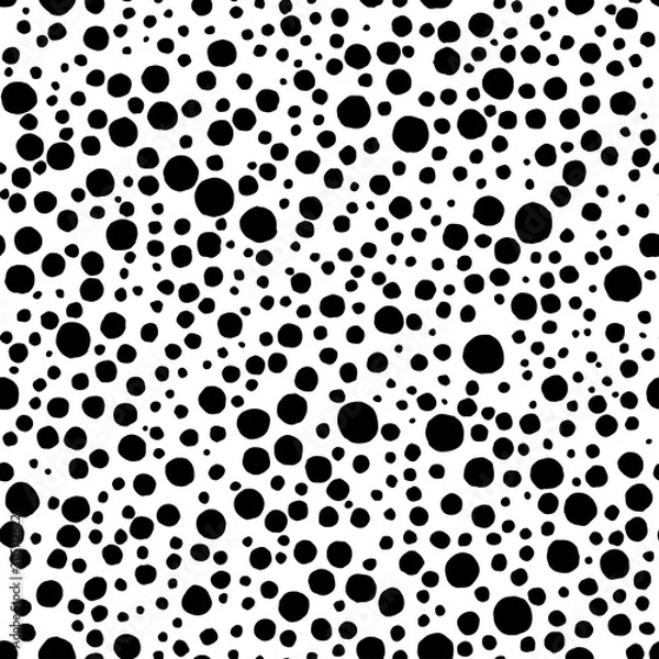 Fototapeta Black and white seamless polka dot pattern. Random ink circles and splashes. Cute simple doodle style pattern. Background for textile. Vector illustration.