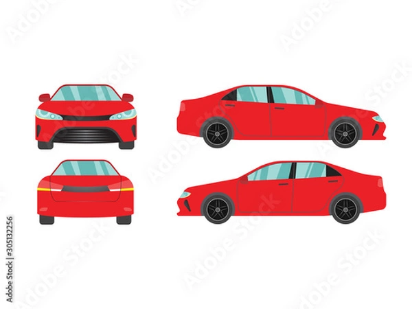 Fototapeta Set of red sedan car view on white background,illustration vector,Side, front, back