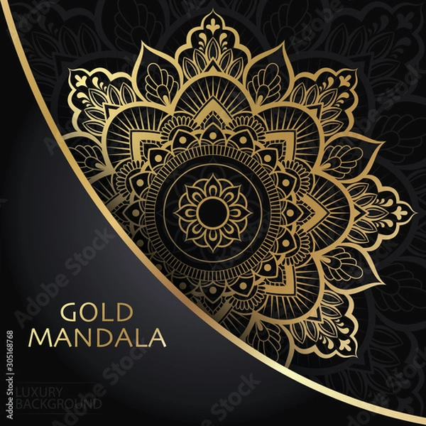 Fototapeta Vector mandala. Luxury pattern ornament. Gold vintage postcard on black background. Perfect for background, Wallpaper, invitation, flyer, menu, brochure, postcard, decoration or other desired idea