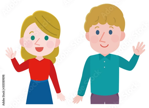 Fototapeta 手を振る　挨拶　白人　男女　上半身　イラスト