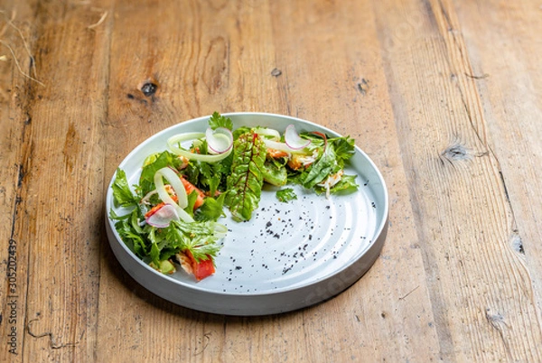 Fototapeta roast beef salad with baked vegetables and feta cheese