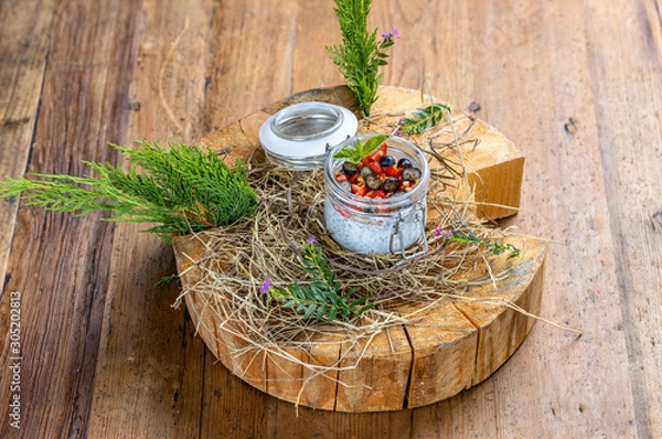Fototapeta airy pudding with chia seeds. Dessert gained wide popularity due to its incredibly useful properties.