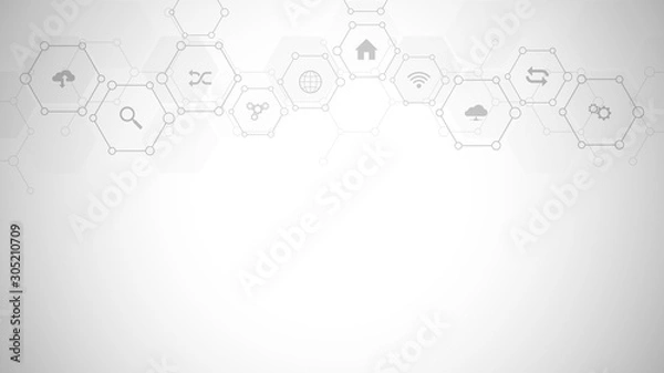 Fototapeta Technology background with flat icons and symbols. Concept and idea for internet of things, communication, network, innovation technology, system integration. Vector illustration.