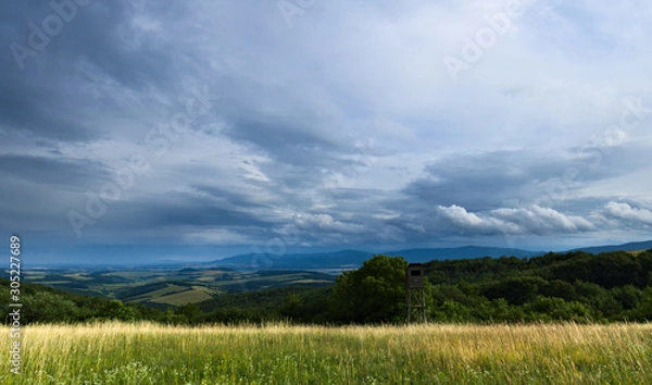 Fototapeta A meadow on a stormy day with dramatic cloudy sky