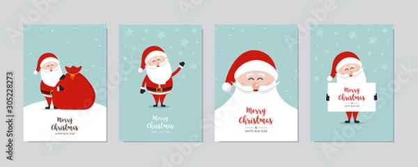 Fototapeta Cute santa claus card set. Merry christmas and Happy New Year greeting winter snowy background lettering vector. Christmas card set.