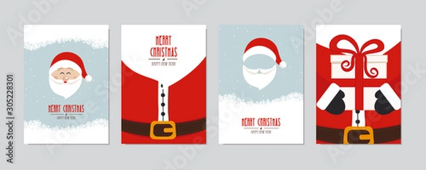Fototapeta Cute santa claus card set. Merry christmas and Happy New Year greeting winter snowy background lettering vector. Christmas card set.