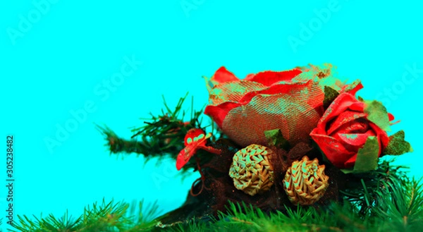 Obraz  Christmas card with holiday decoration, on a green background. Christmas template for banner, ticket, brochure, card, invitation, poster, etc. Place for text.