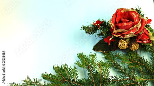 Obraz Christmas card with holiday decoration, on a green background. Christmas template for banner, ticket, brochure, card, invitation, poster, etc. Place for text.