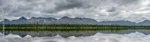Fototapeta Alaska pine tree forest reflection on a lake 32:9 ultrawide