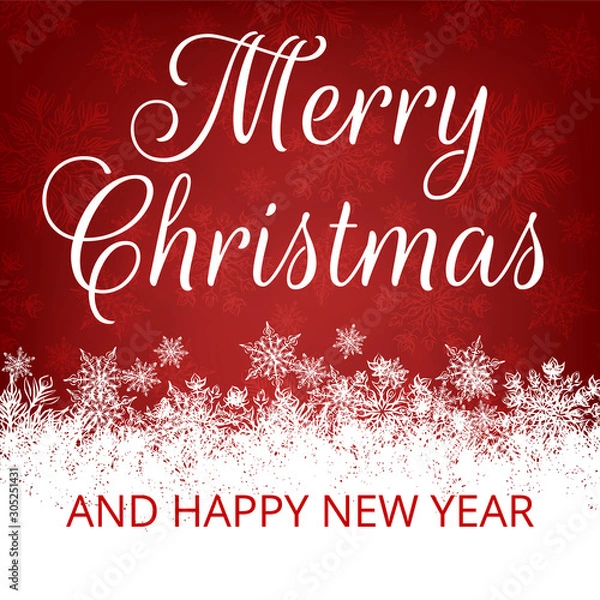 Obraz Merry Christmas. Christmas greeting card with snowflakes border on red background