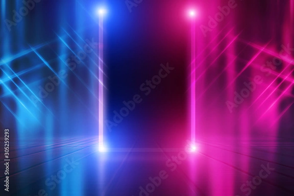 Fototapeta Empty dark abstract background. Background of an empty show scene. Glow of neon lights on an empty stage.