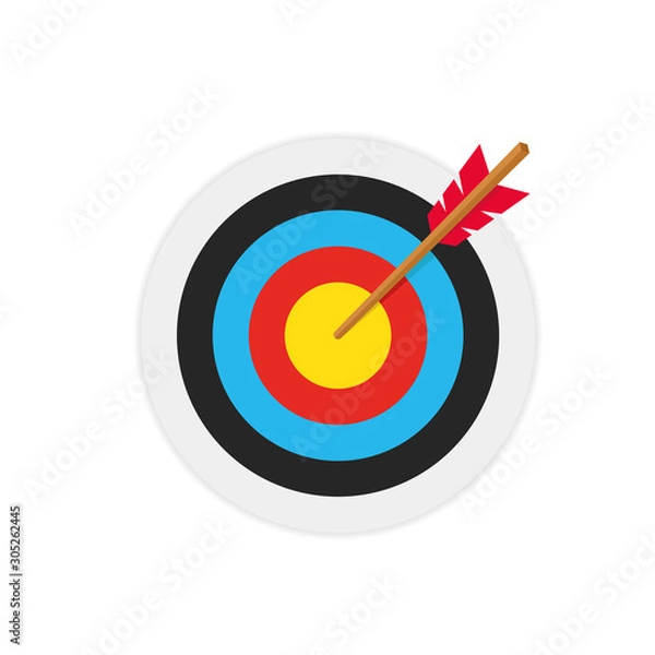 Fototapeta simple flat minimalist archery target with arrow hit the center aim. Illustration of goal success business target. Archery sport graphic element.