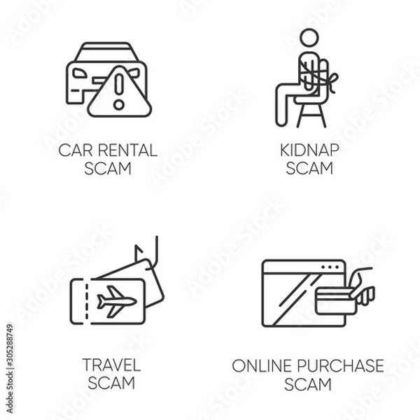 Obraz Scam types linear icons set. Car rental, online purchase fraudulent scheme. Kidnap, travel trick. Financial scamming. Thin line contour symbols. Isolated vector outline illustrations. Editable stroke